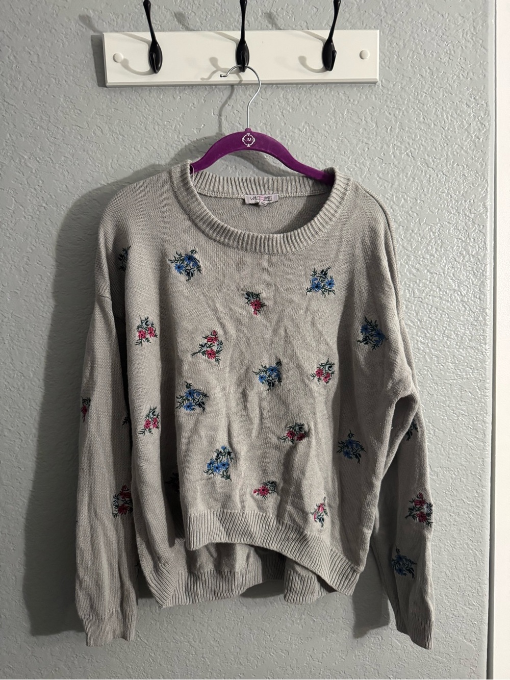 Light Gray Floral Embroidered Crewneck Sweater by Love Tree